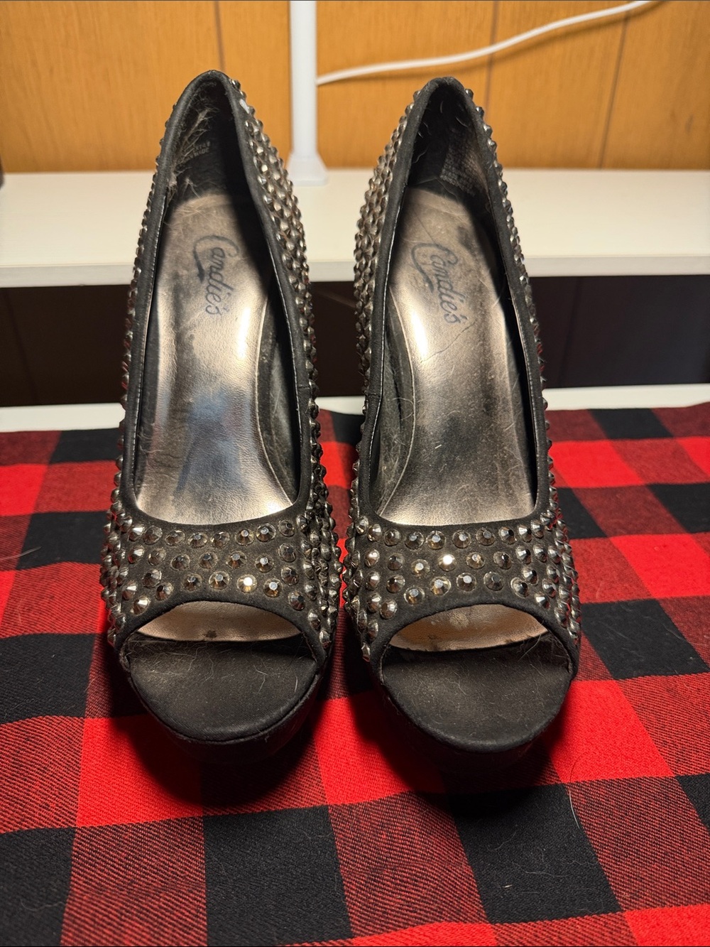 Candie's Black Studded Peep-Toe Platform Pumps
